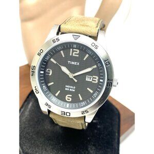 Timex Men's Watch T2N697 Quartz Indiglo Black Dial Leather Band 42mm